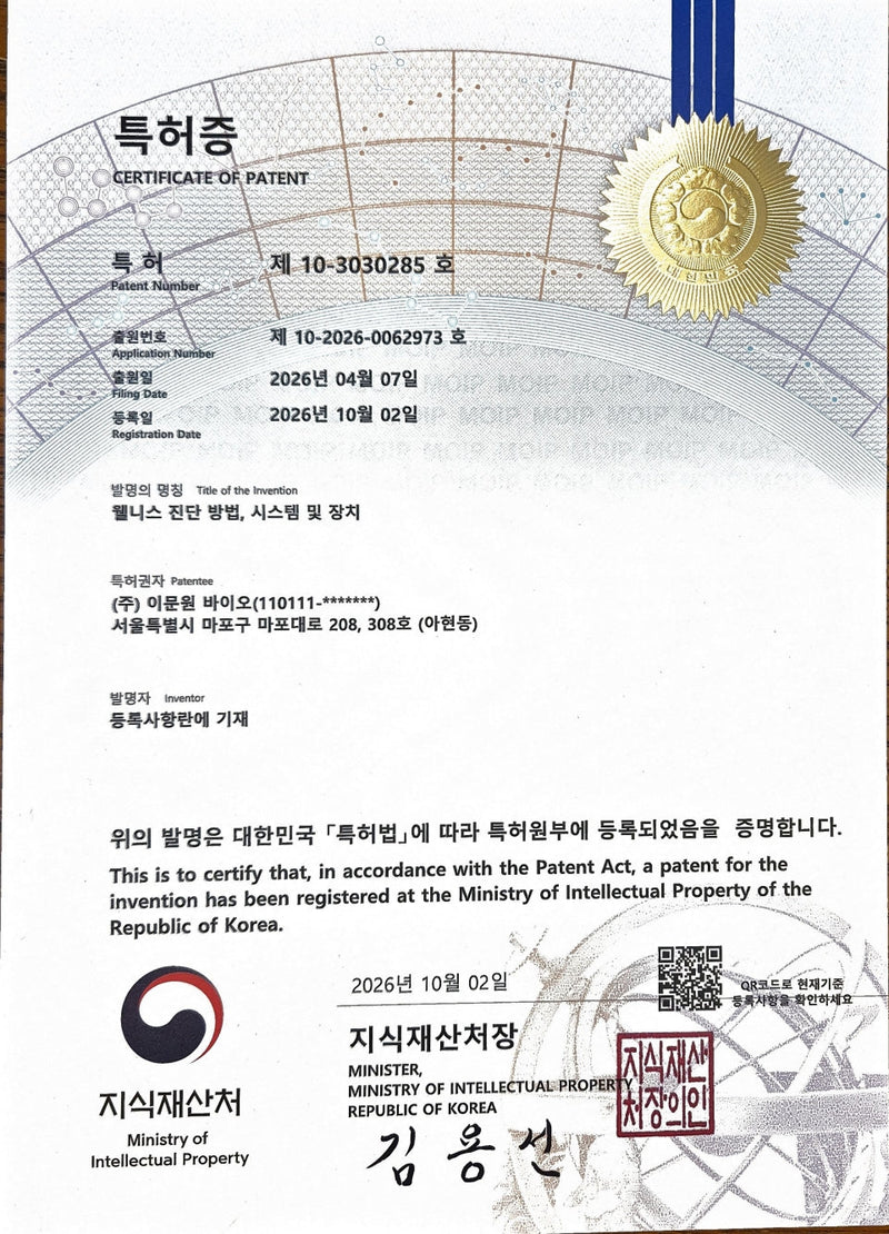 웰니스 진단 방법, 시스템 및 장치 특허권 취득 (특허 제10-3030285호)